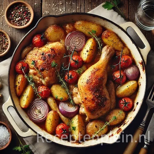 Hyperrealistische foodfoto van een eenpanschotel met kip in een brede geëmailleerde ovenschaal op een rustieke houten tafel, licht uitgezoomd zodat het tafelblad duidelijk zichtbaar is. Goudbruin geroosterde kippenbouten liggen tussen krielaardappeltjes, rode uiringen en geroosterde cherrytomaatjes in hun eigen braadjus, gegarneerd met takjes tijm en peterselie. Op tafel staan schaaltjes met grof zeezout en peper, een glas witte wijn, een houten lepel en een linnen doek in warm natuurlijk ovenlicht met een huiselijke premium foodmagazine uitstraling.