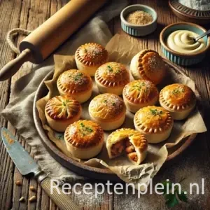 Hyperrealistische foodfoto van kleine goudbruine eeuwigheidspasteitjes op een rustieke keramische schaal met bakpapier, geplaatst op een houten tafel en licht uitgezoomd zodat het tafelblad zichtbaar is. De ronde bladerdeegpasteitjes hebben een knapperige glanzende korst en één pasteitje is doorgesneden waardoor een romige kip- en champignonvulling zichtbaar is. Op tafel liggen een deegroller, schaaltjes met bloem en vulling, verse peterselie, een mes en een linnen doek in warm natuurlijk licht met een ambachtelijke bakkerij-uitstraling en premium foodmagazine stijl.
