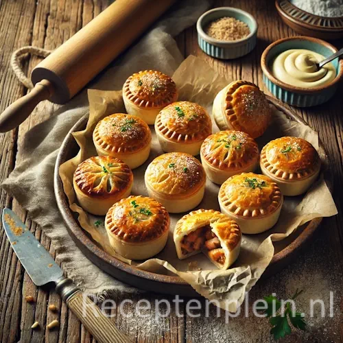 Hyperrealistische foodfoto van kleine goudbruine eeuwigheidspasteitjes op een rustieke keramische schaal met bakpapier, geplaatst op een houten tafel en licht uitgezoomd zodat het tafelblad zichtbaar is. De ronde bladerdeegpasteitjes hebben een knapperige glanzende korst en één pasteitje is doorgesneden waardoor een romige kip- en champignonvulling zichtbaar is. Op tafel liggen een deegroller, schaaltjes met bloem en vulling, verse peterselie, een mes en een linnen doek in warm natuurlijk licht met een ambachtelijke bakkerij-uitstraling en premium foodmagazine stijl.