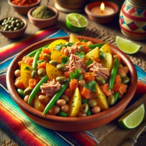 Een Mexicaans geïnspireerde presentatie van aardappel-bonensalade, geserveerd in een rustieke aardewerken kom. De salade bestaat uit goudgele aardappelschijfjes, sperziebonen, wortelblokjes en stukjes tonijn, gemengd met een levendige dressing van rode pesto, sinaasappelsap en kappertjes. Het gerecht is gegarneerd met verse koriander en partjes limoen. De setting is aangekleed met kleurrijke Mexicaanse textielpatronen, een houten tafel en warm sfeervol licht, wat zorgt voor een uitnodigende eetervaring. 🌿🥔✨