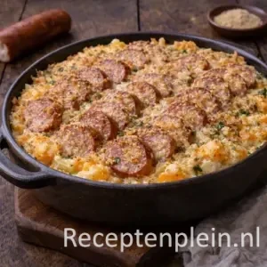 Gegratineerde hutspot met rookworst uit de oven op een rustieke houten tafel.