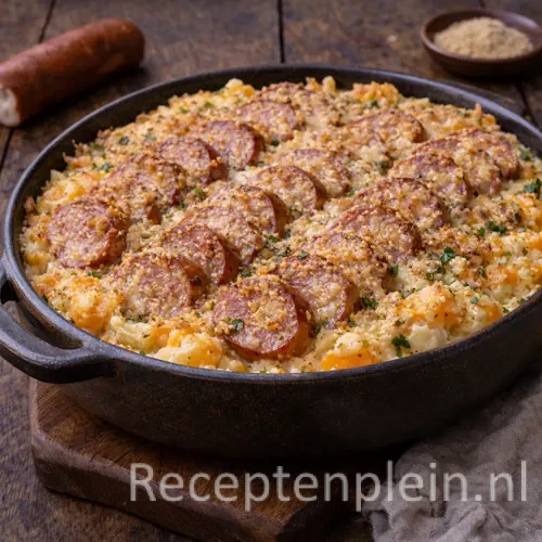 Gegratineerde hutspot met rookworst uit de oven op een rustieke houten tafel.