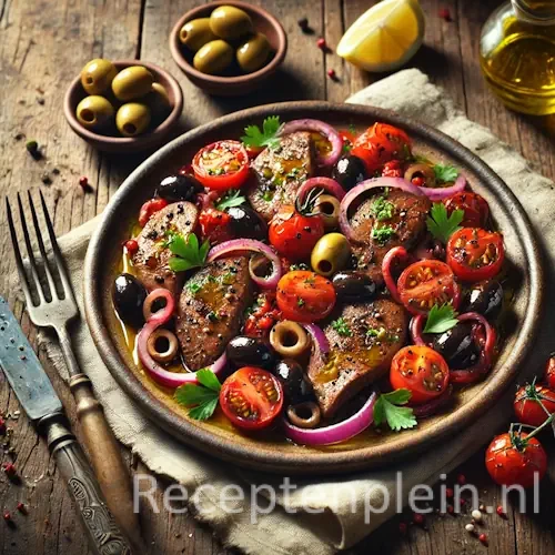 gegrilde kippenlevertjes mediterraan op rustieke houten tafel met kruiden
