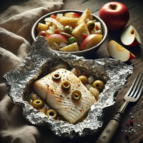 Gegrilde Vispakketjes met Aardappelsalade van het Barbecue op rustieke houten tafel