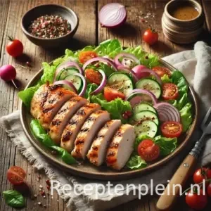 Gegrilde kipfilet met frisse salade en groenten op houten tafel