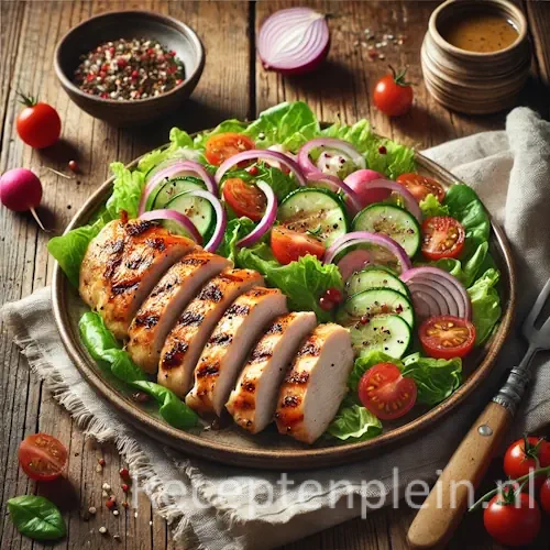 Gegrilde kipfilet met frisse salade en groenten op houten tafel