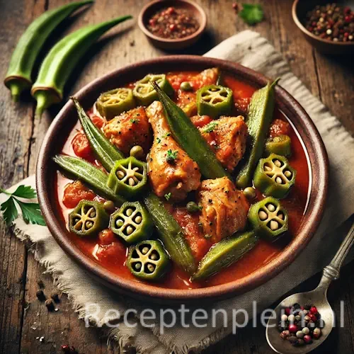 Gestoofde kip met okra in pan op rustieke houten tafel