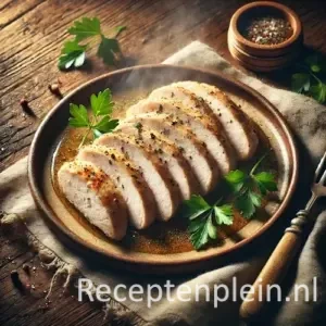 Gestoomde kipfilet met verse kruiden op rustieke houten tafel