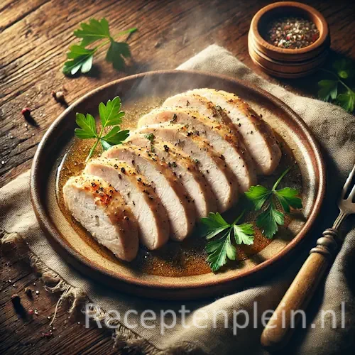 Gestoomde kipfilet met verse kruiden op rustieke houten tafel