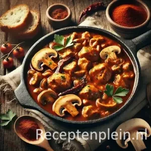 Goulash van kip en champignons in stoofpan op rustieke houten tafel