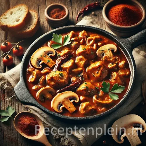 Goulash van kip en champignons in stoofpan op rustieke houten tafel