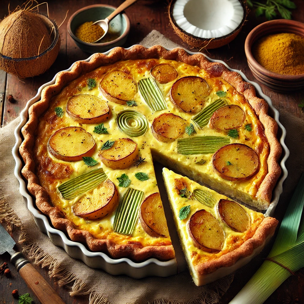 Kruidige curryquiche met aardappel, prei en spek, gebakken in een goudbruine hartige taartbodem met romige vulling van kokosmelk – een quiche met oosterse twist, perfect als herfstig hartige taart recept.