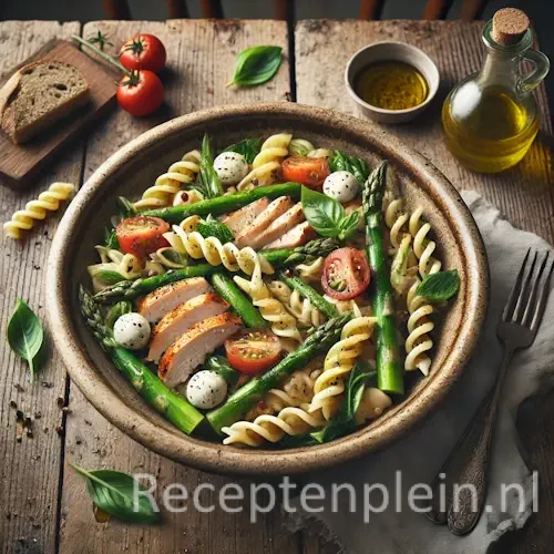 Italiaanse pastasalade met asperges en gerookte kip op rustieke houten tafel