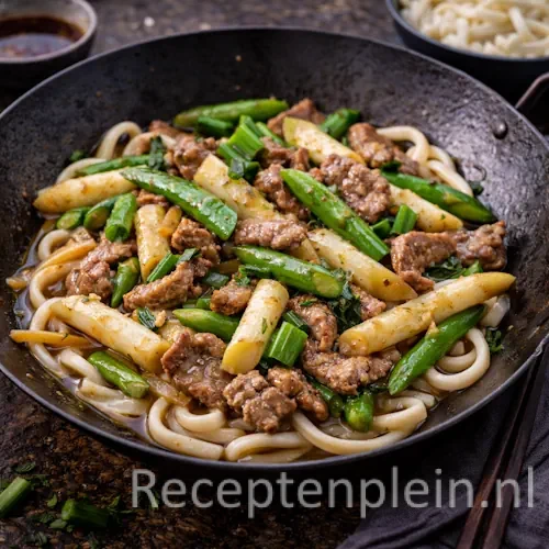 Japanse roergebakken asperges met lamsvlees op een rustieke houten tafel.