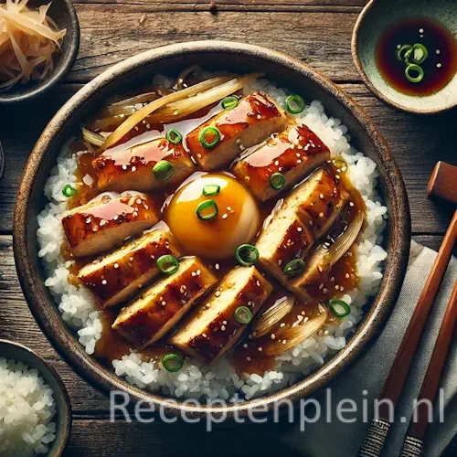 Kip Donburi op rustieke houten tafel