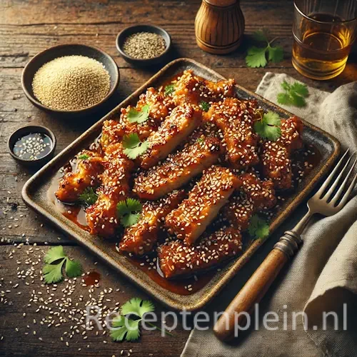 Kip met sesam op rustieke houten tafel