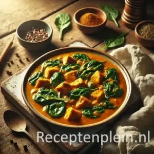 Kipcurry met roergebakken spinazie op rustieke houten tafel