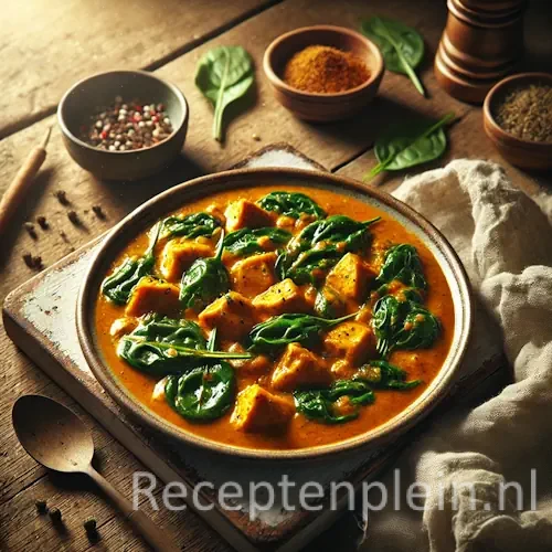 Kipcurry met roergebakken spinazie op rustieke houten tafel