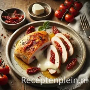 Kipfilet Gevuld met Zongedroogde Tomaten en Mozzarella op rustieke houten tafel