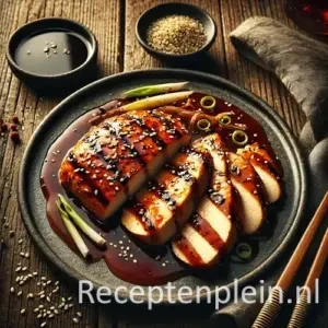 Kipfilet met teryakisaus op rustieke houten tafel