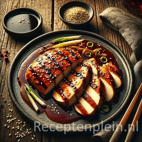 Kipfilet met teryakisaus op rustieke houten tafel