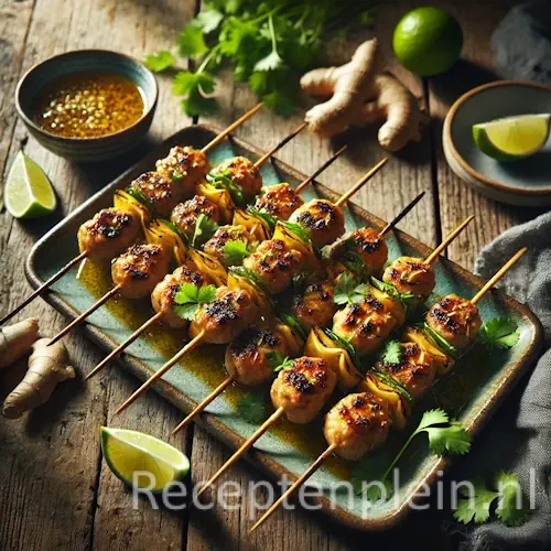 Kipgehaktspiesjes met gember en koriander op rustieke houten tafel