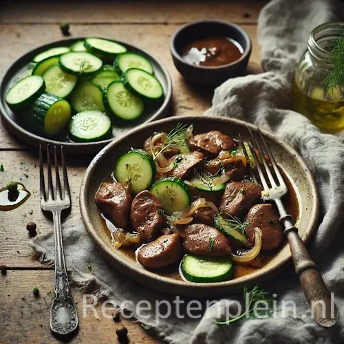 Kippenlevers met komkommer op rustieke houten tafel