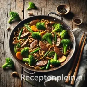Kippenlevertjes met broccoli en mie op rustieke houten tafel