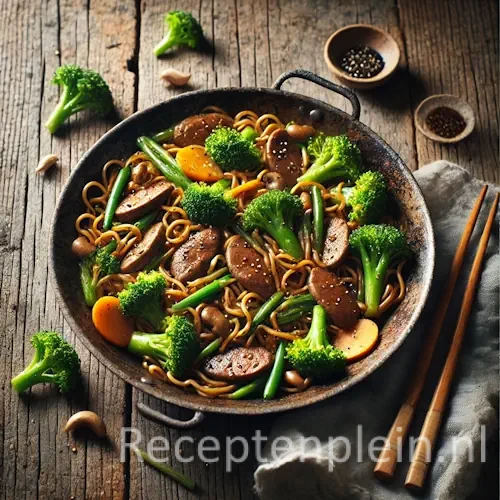 Kippenlevertjes met broccoli en mie op rustieke houten tafel