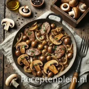 Kippenlevertjes met paddestoelen on rustic wooden table