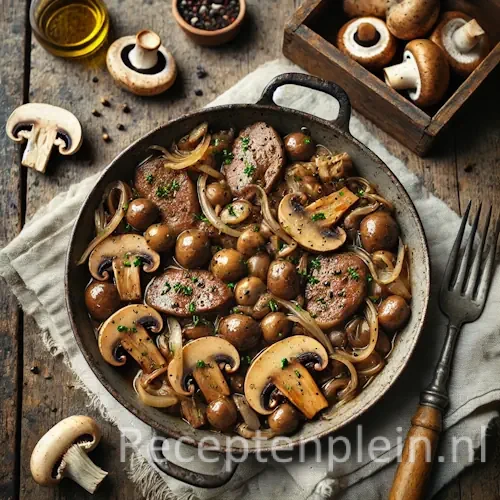 Kippenlevertjes met paddestoelen on rustic wooden table