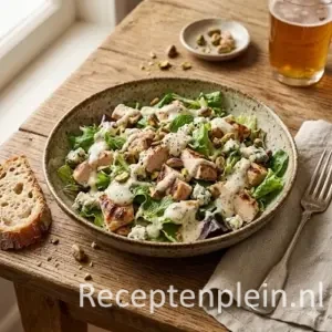 Kipsalade met gorgonzola-dressing en pistachenoten op rustieke houten tafel