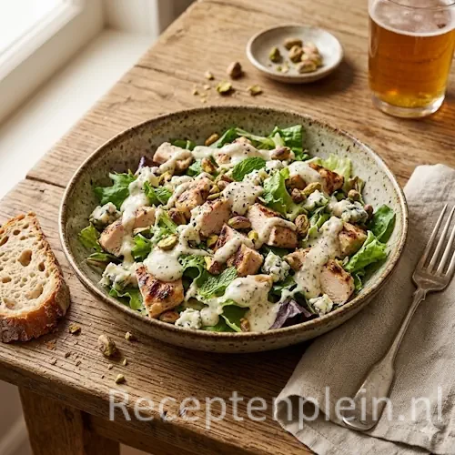 Kipsalade met gorgonzola-dressing en pistachenoten op rustieke houten tafel