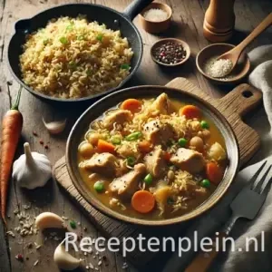 Kipstoofpotje met knoflookrijst uit de wok op rustieke houten tafel