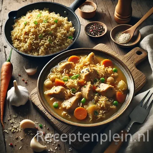 Kipstoofpotje met knoflookrijst uit de wok op rustieke houten tafel