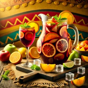 Een grote glazen kan Sangria gevuld met diep rode wijn, schijfjes sinaasappel, citroen, appel en banaan, omringd door vers fruit en ijsblokjes op een rustieke houten ondergrond. Een glas Sangria is daarnaast ingeschonken en gegarneerd met een sinaasappelschijfje en een takje verse munt. De warme achtergrond straalt een uitnodigende sfeer uit met levendige kleuren en subtiele decoratieve patronen. 🍷🍊🍋✨