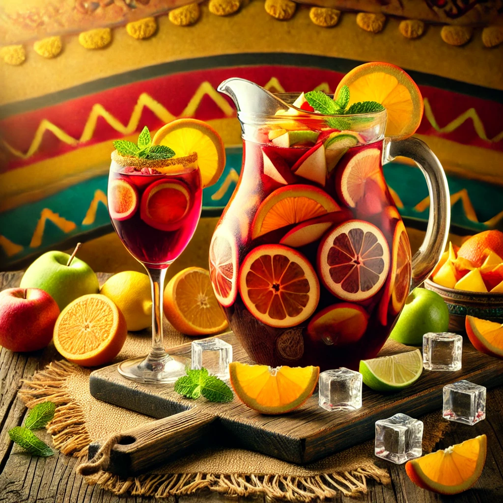 Een grote glazen kan Sangria gevuld met diep rode wijn, schijfjes sinaasappel, citroen, appel en banaan, omringd door vers fruit en ijsblokjes op een rustieke houten ondergrond. Een glas Sangria is daarnaast ingeschonken en gegarneerd met een sinaasappelschijfje en een takje verse munt. De warme achtergrond straalt een uitnodigende sfeer uit met levendige kleuren en subtiele decoratieve patronen. 🍷🍊🍋✨