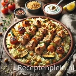 Mediterrane Couscous met Kipkebab op rustieke houten tafel