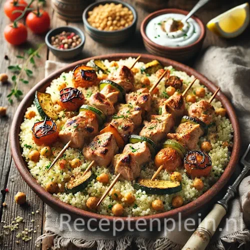 Mediterrane Couscous met Kipkebab op rustieke houten tafel