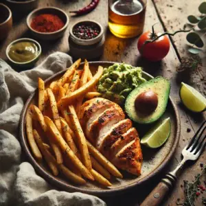 Mexicaanse kipfilet met kruidige frites en avocadosalade op rustieke houten tafel