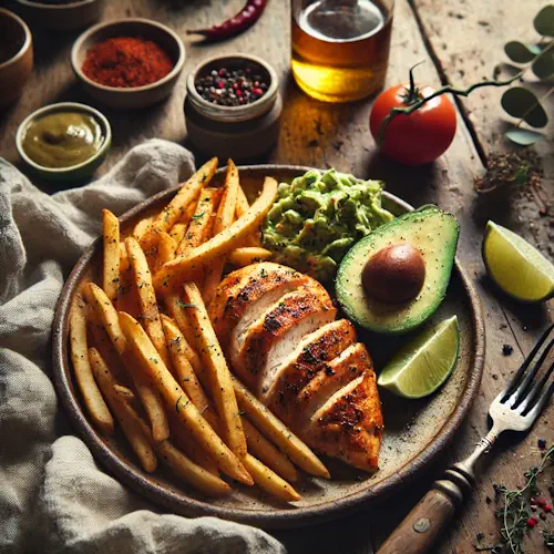 Mexicaanse kipfilet met kruidige frites en avocadosalade op rustieke houten tafel
