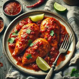 Mexicaanse kipfilet in pikante saus op rustieke houten tafel