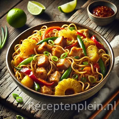 Mie met kip en ananas op een rustieke houten tafel