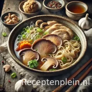 Noedelsoep met oesterzwammen en kip op een rustieke houten tafel