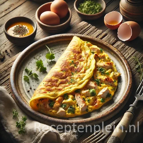 Omelet met kip op een rustieke houten tafel
