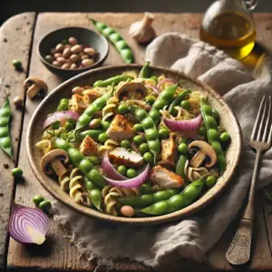 Pasta met kip, tuinbonen, rode ui en champignons op rustieke houten tafel
