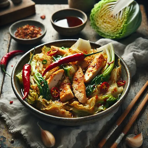 Pikante Chinese kool met kipfilet op rustieke houten tafel