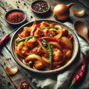 Spicy Indonesian chicken with onion and bell pepper on a rustic wooden table