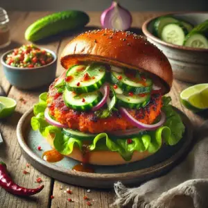 Spicy chicken burger with fresh cucumber salsa on a rustic wooden table