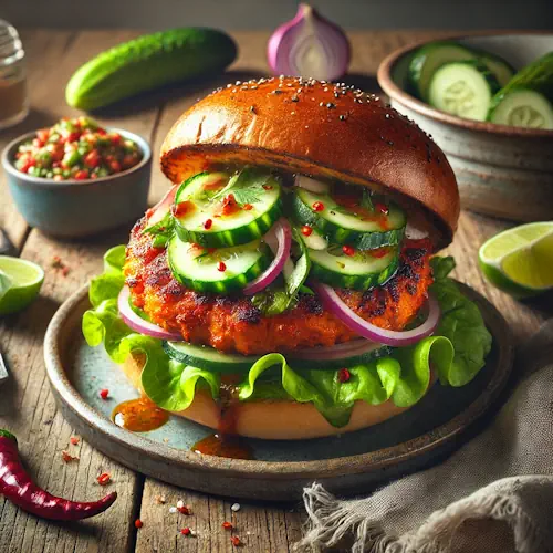 Spicy chicken burger with fresh cucumber salsa on a rustic wooden table